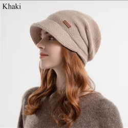 Autumn Winter Soft Plush Knitted Hat Women Girl Warm Thickened Fleece Lined Beanies Short Brim Casual Outdoor Windproof Bonnet